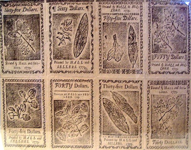 An uncut sheet of Continental currency (1779). Nature print design by Benjamin Franklin. Source: a private collection,.
