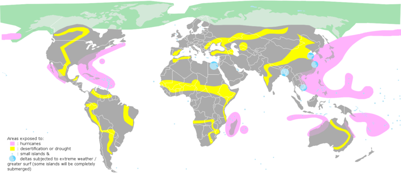A schematic showing the regions where natural disasters will occur due to climate change (hurricanes, desertification, drought, islands).
