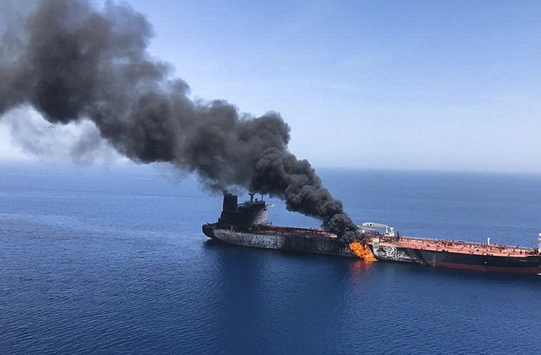 Burning oil tanker