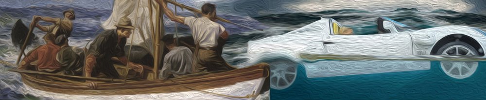 Whaler poised to harpoon a submerged automobile.