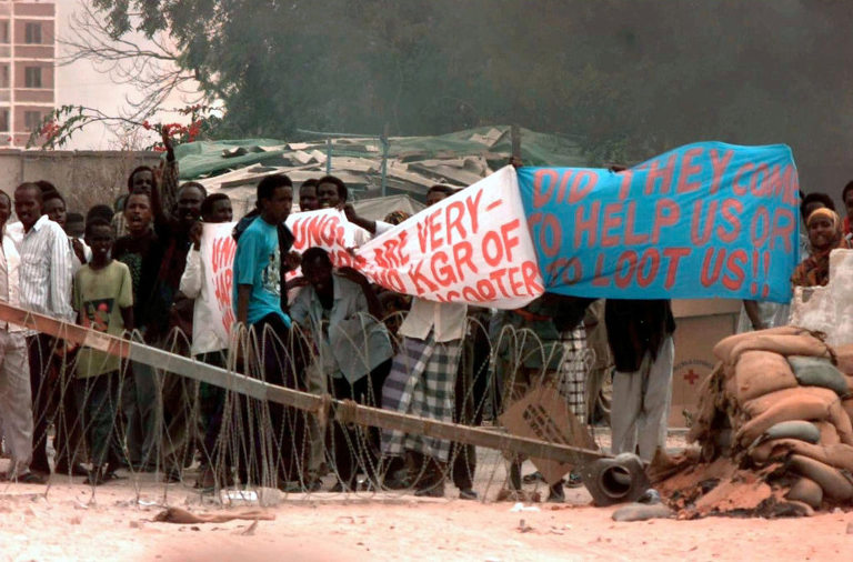 Somali people protesting in front of US embassy