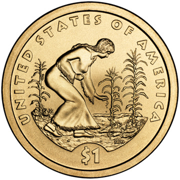 Image on the reverse of a commemorative dollar coin with a tribute to native American agriculture, representing 'the three sisters'. Design by Norman Nemeth. Source: Wikimedia Commons.