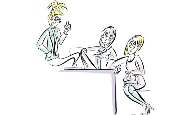 A chatbot sits opposite a doctor and a patient. The chatbot gives a thumbs up.