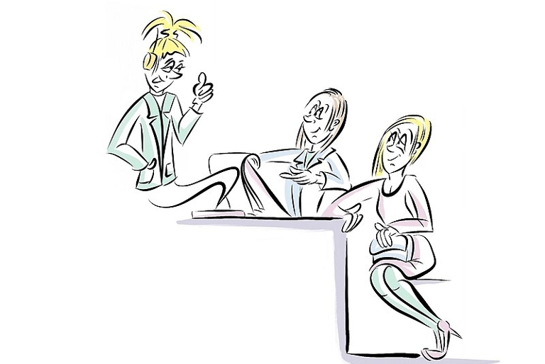 A chatbot sits opposite a doctor and a patient. The chatbot gives a thumbs up.