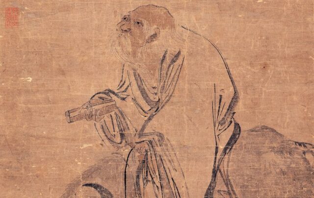 Laotzu riding an ox through a pass.