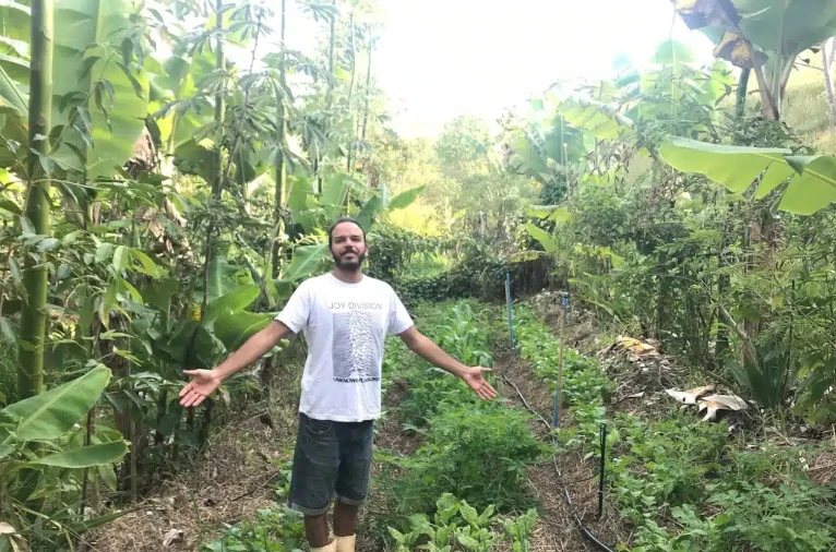 Michel on the lush, plentiful syntropic farming site